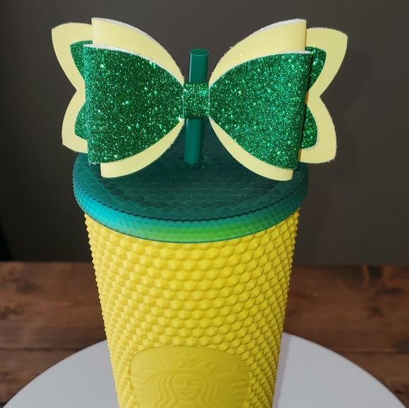 Accessories - Green Glitter Yellow Bow Straw Topper
